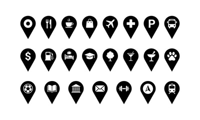 Utility map marker icon set location pin collection for urban services and public facilities black navigation pointers for city map apps business directory icons and amenity symbols vector. © Fountain