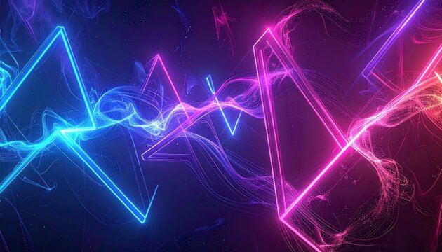 Abstract neon shapes and flowing lines in vibrant blues, purples, and reds against a dark background