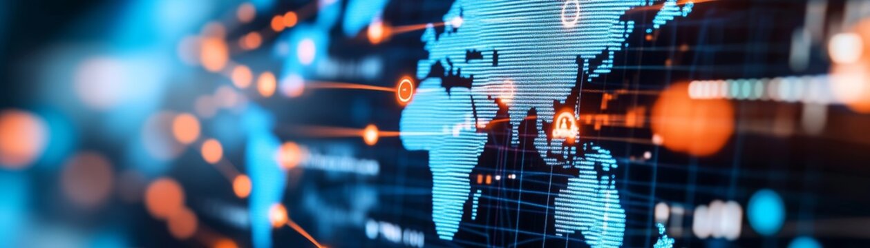 Input An image showing a digital, glowing world map with orange and blue tones, bokeh effects and lines suggesting connectivitydata flow. Task Write a including composition details,