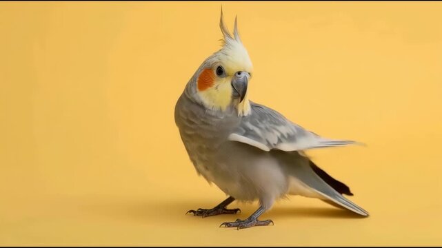 Cockatiel gray bird with yellow crest and orange cheek standing on yellow background gray parrot