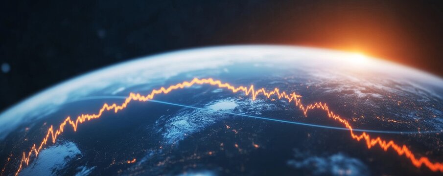 Input An image showing a stylized Earth with a glowing, jagged orange line (resembling a market graph or data trend) superimposed over it, with a sunbright light source rising behind