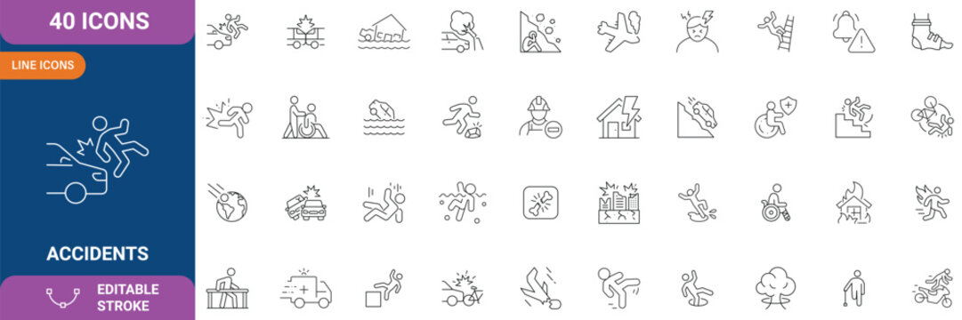 Accidents Icon Set. Containing Collision, Injury, Emergency, Warning, Hazard, First Aid, Rescue, Road Safety, Insurance, Risk Prevention and etc. Line Icon. Editable Stroke. Vector Illustration