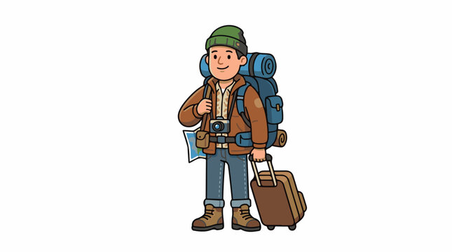 A cartoon man with a green hat and brown jacket holds a camera and a suitcase