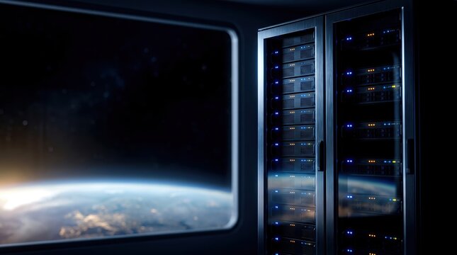 Close-up view of two advanced server racks in dark space with Earth in background