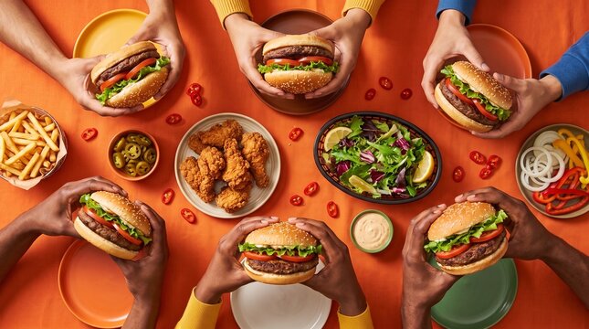 Top‑down shot of a shared meal: five hamburgers held by different hands (sesame buns, lettuce, tomato, beef patties) surrounded by fries, fried chicken, jalape&ntilde;os, salad, sauces, and sliced peppers.