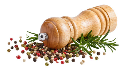 Isolated wooden pepper mill with mixed peppercorns and fresh rosemary branches for cooking © Conor