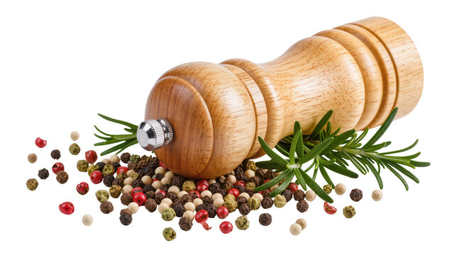 Isolated wooden pepper mill with mixed peppercorns and fresh rosemary branches for cooking