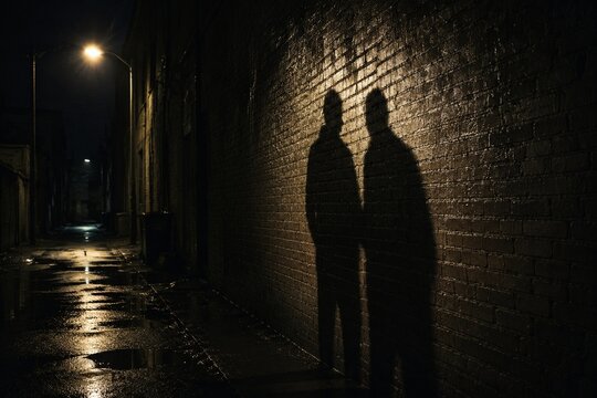 Dark alley at night with overlapping shadows on a wet brick wall.