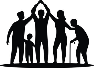 Fototapeta premium Happy multi generation family black silhouette vector illustration with parents, child, and elderly grandparents protecting each other