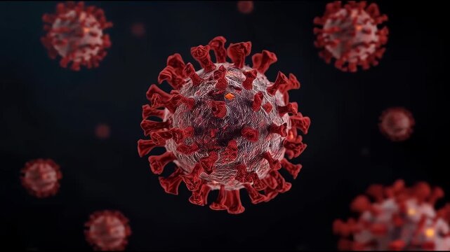 Red coronavirus particle with red spike proteins and microscopic pathogen close up, dramatic dark