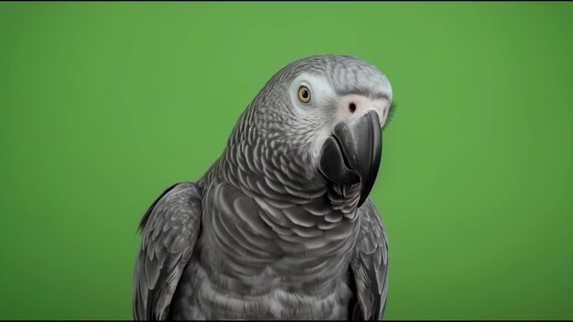 African grey parrot bird portrait grey feather close eyed serene perched against green background