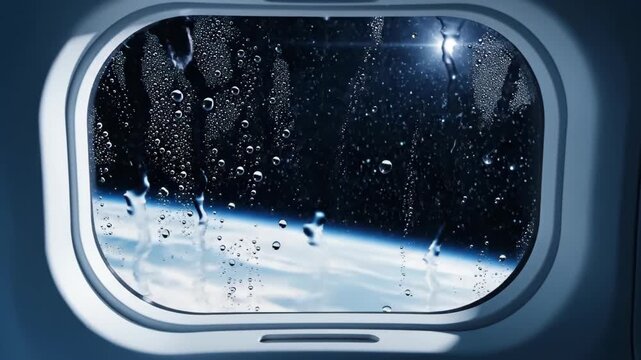 View of planet earth from airplane window with raindrops. Atmospheric condensation on glass pane during atmospheric flight. Travel, aviation and space study concept