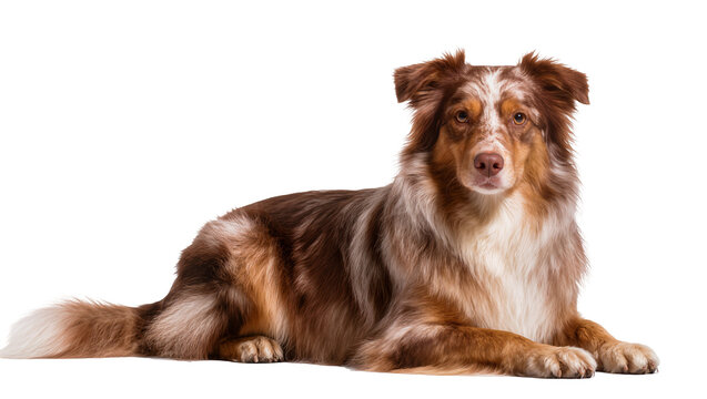 Isolated beautiful well-groomed red merle Australian Shepherd dog lying down and looking at camera