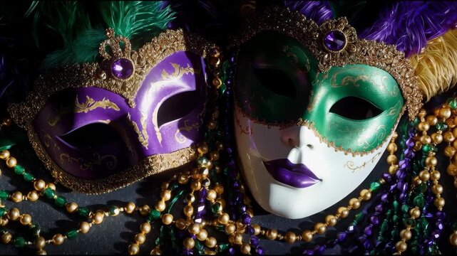Ornate carnival masquerade mask portrait with purple green gold beads feathered elegance
