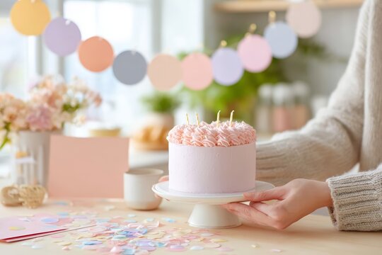 Hands holding pink buttercream cake on stand with blank card and pastel garland for half birthday party table styling and intimate celebration scene for event design