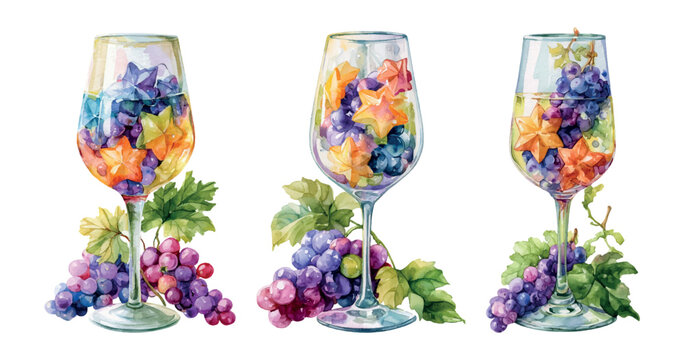 Three watercolor wine glasses showcasing vibrant grapes and star fruit slices. Positioned alongside fresh bunches of grapes and green leaves