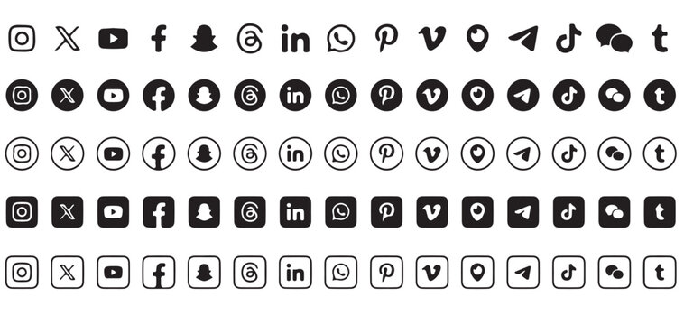 Popular Social Media Icons Collection Black and Outline Vector Set vector illustrator eps10
