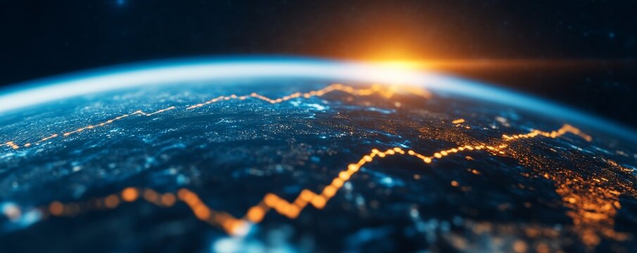 Subject Earth from space with glowing orange line graphs overlaid on its surface. Composition Wide angle, perspective view of the Earth's curve, low-anglecinematic perspective. Image