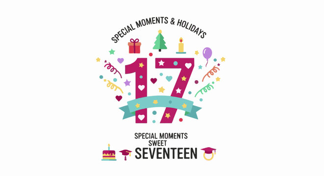 Colorful graphic celebrating a 17th birthday with confetti gifts and graduation symbols