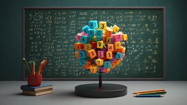 Back to school and mathematics learning concept, abstract globe with colorful number cubes, books, and pencils on a desk.