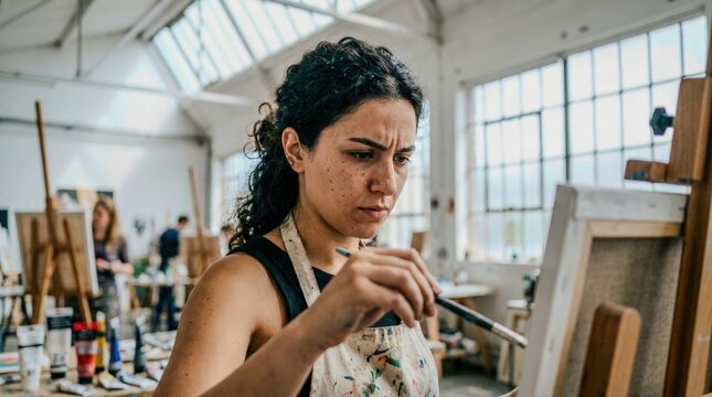 Focused female artist painting in a bright studio.