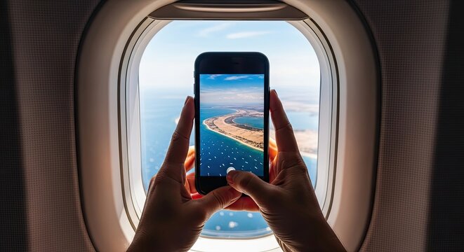 Person taking a photo of an island through an airplane window