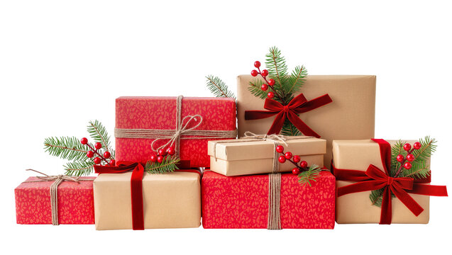 Isolated festive Christmas gift boxes and presents adorned with ribbons, pine branches, and red berries.