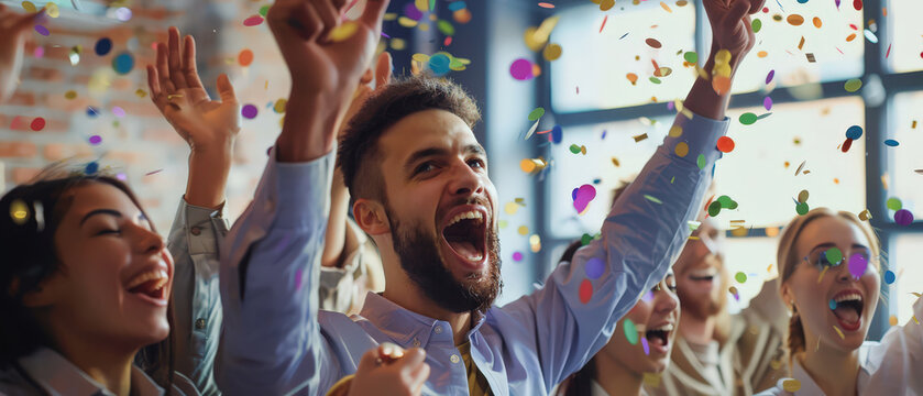 Diverse group of young professionals celebrating success with confetti in a modern office. Team achievement, startup culture, motivation, teamwork and positive work environment.