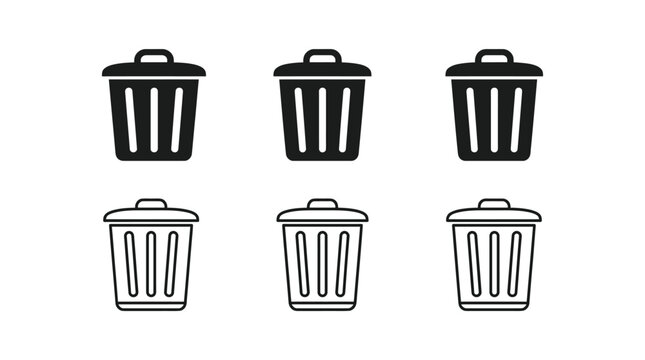Minimalist black and white trash bin icons featuring solid and outline styles for user interface design and digital web applications