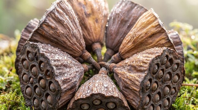 Close up macro shot of giant snail shell texture with natural light on mossy ground