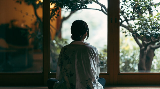 和室の窓辺で瞑想する女性の後ろ姿