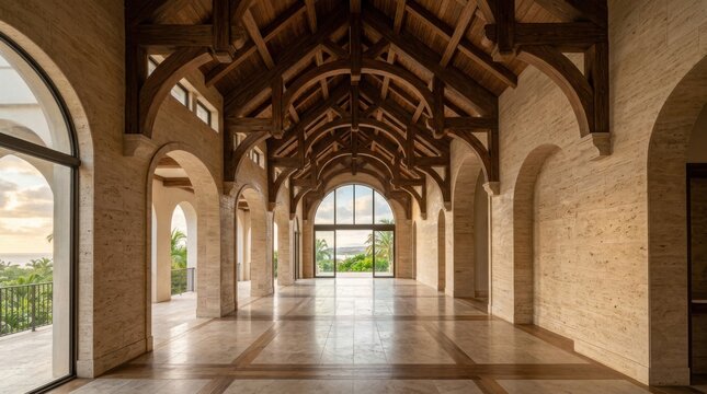 Spacious resort hallway with vaulted wooden ceiling and arched windows in warm natural light