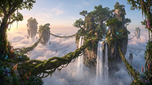 Floating Cliff Island with Waterfall in Misty Fantasy Landscape at Sunrise