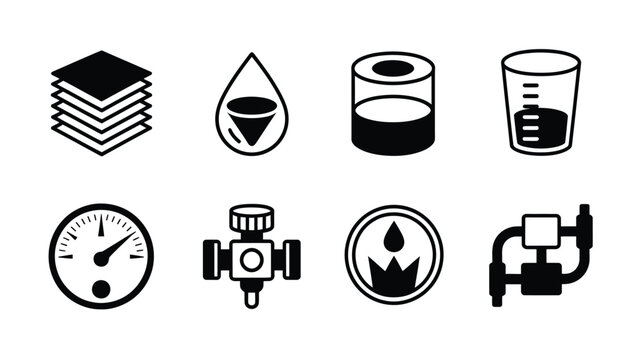 Water filtration system icons set including filter layers drop purification barrel beaker pressure gauge valve and plumbing pipe vector graphics