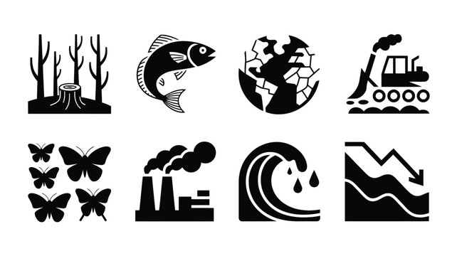 Environmental problems icon set representing deforestation global warming overfishing industry pollution climate change nature destruction and ecological crisis vector graphics