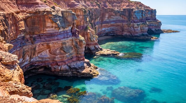 Towering rocky coastal cliffs with turquoise water and layered sediment in bright daylight