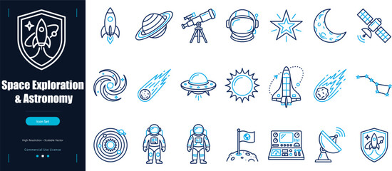 Space exploration and astronomy line icon set. Rocket launch, planets, astronaut suit, telescope, and universe linear vectors. © zisun
