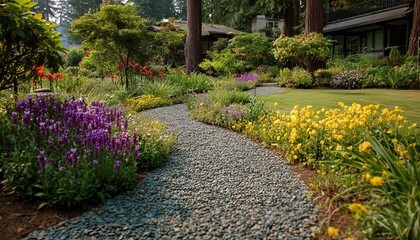 Fototapeta premium Beautiful Landscape Garden Featuring A Winding Gravel Path Surrounded By Colorful Flowers At Sunrise