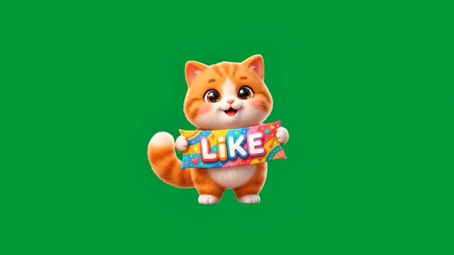 Cute Orange Cat Holding Like Sign Animation on Green Screen