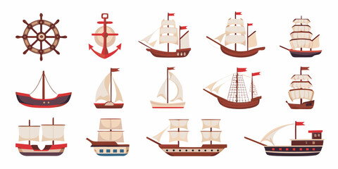Collection Of Sailing Ships And Nautical Elements Vector Illustration © Raben
