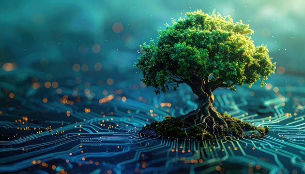 A vibrant tree grows out of a digital circuit board, merging nature and technology