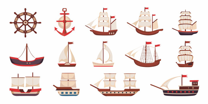 Collection Of Sailing Ships And Nautical Elements Vector Illustration
