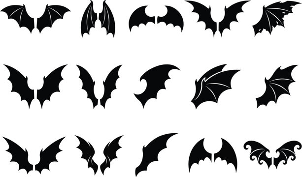 Set of black bat wings icons in different shapes for halloween design and creative projects