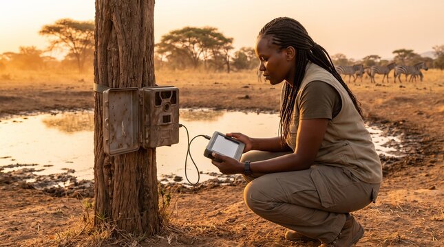 Female wildlife conservationist checking trail camera in African savan