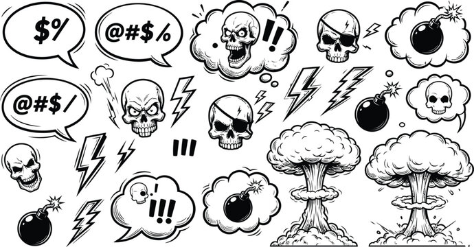 Retro Comic Book Style Swearing and Anger Vector Elements: Hand-Drawn Speech Bubbles, Skulls, Lit Bombs, Lightning Bolts, and Mushroom Cloud Explosion Clipart