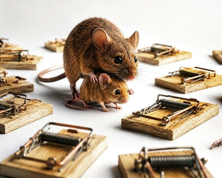 Mother Mouse Protecting Her Baby Among Dangerous Traps