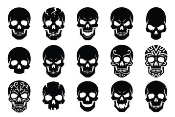 Obraz premium Set of black human skull icons with different shapes and artistic designs for horror themes