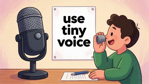 Young boy sitting desk microphone front him holding small right hand appears singing there piece paper pen beh