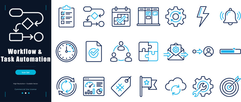 Workflow and Task Automation Vector Icon Set. Project Management, Business Process Mapping, Kanban, and Agile Operations Line Icons