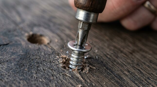 Screw Being Drilled Into Wooden Surface with a Power Drill Featuring Drilling, Wood, Stainless Steel with Woodworking and Construction Elements